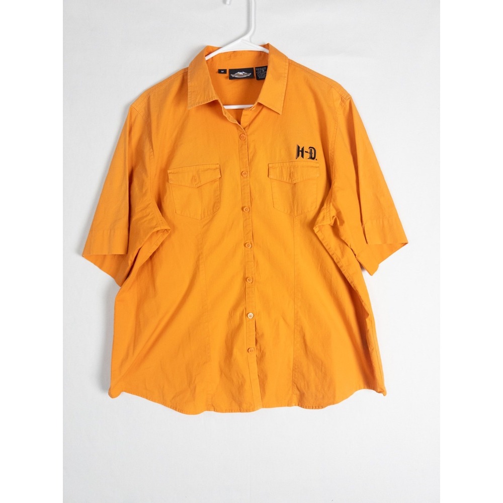 Harley Davidson Shirt Womens 1W Cotton Orange Logo Button Up Biker